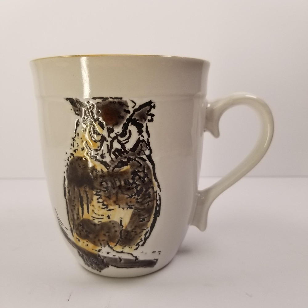 Spectrum Designz Owl Coffee Mug White Brown Ochre Ceramic 2016 Artistic Boho